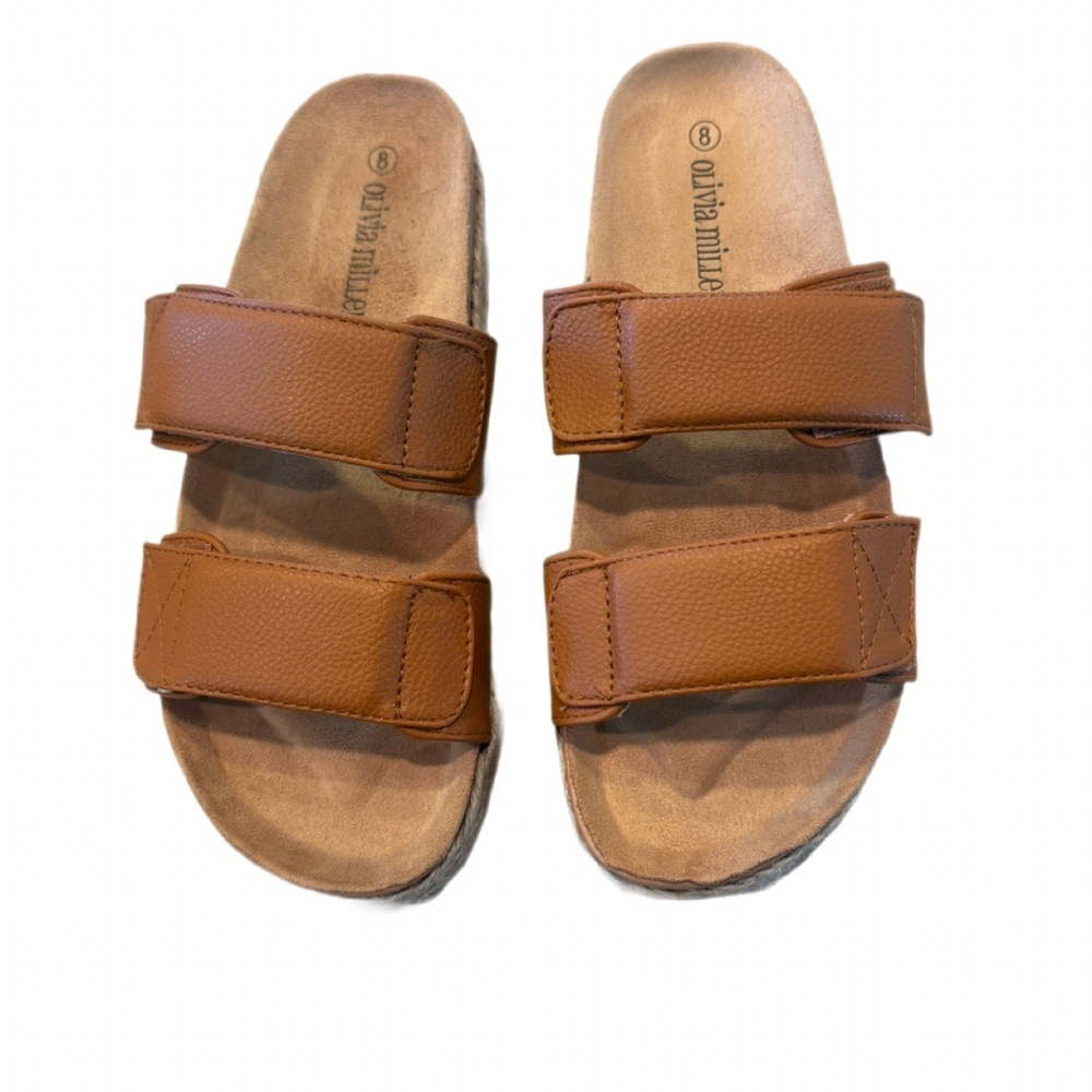 Olivia Miller Leather Slip-On Brown Espadrille Double Strap Sandals NWT Size 8M
